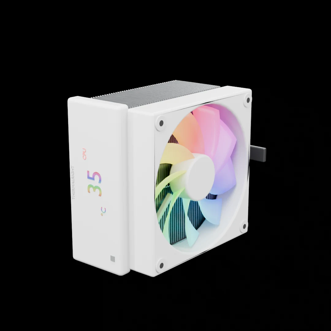 White Thermalright Assassin X 120 R Digital cooler with a rainbow fan ring