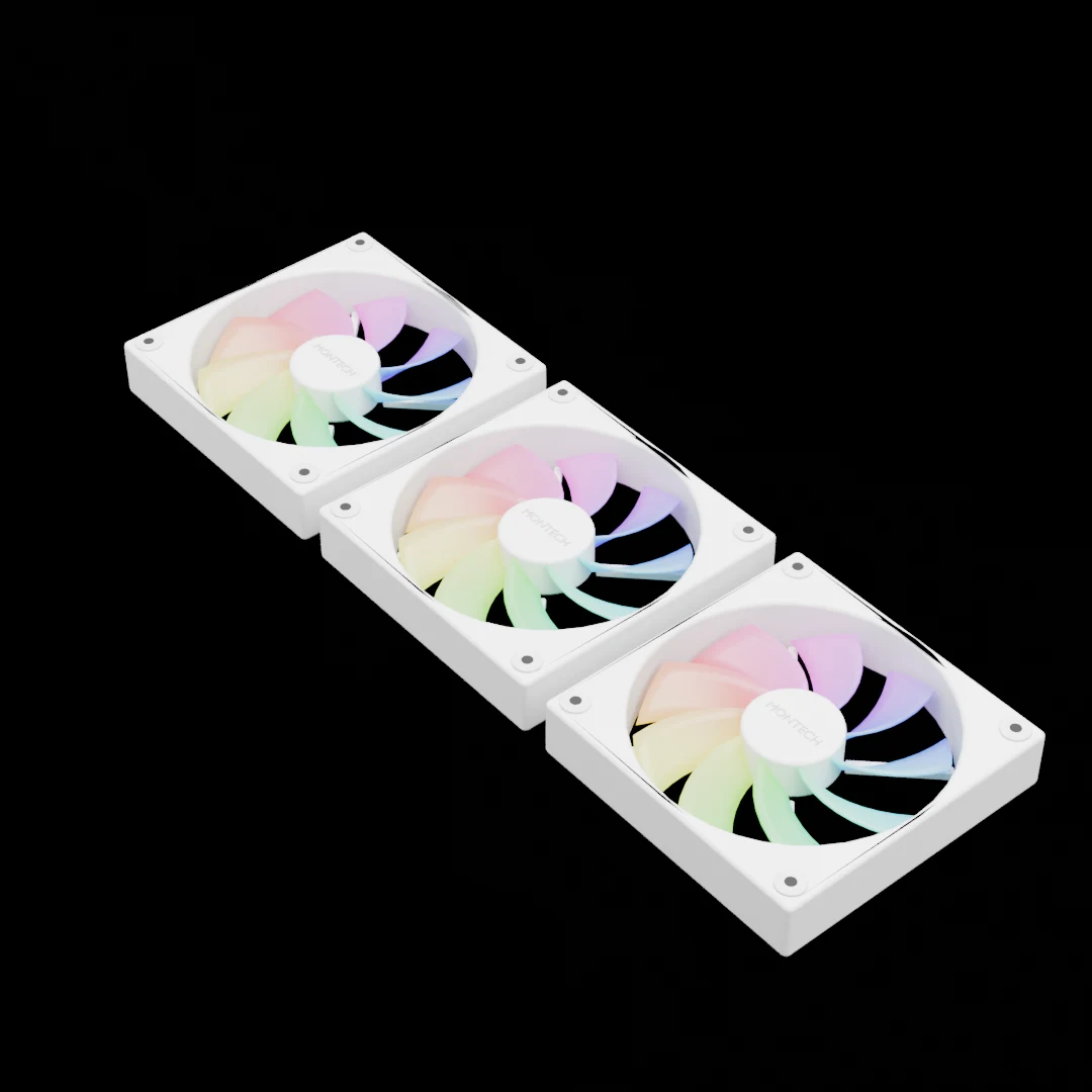 Three white Montech fans glowing with rainbow light